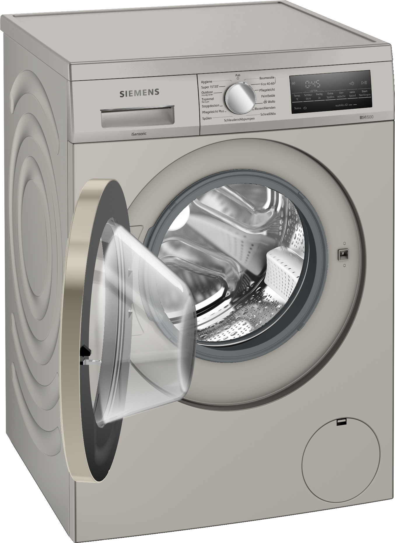 Graue Siemens Waschmaschine. Offene Tür, Bedienfeld und runde Tür.