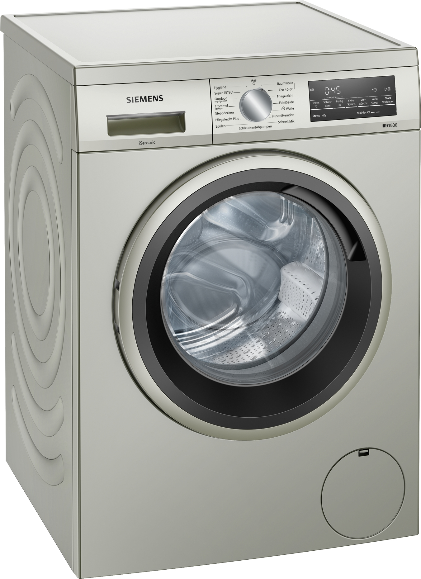 Silberne Siemens Waschmaschine. Vorderansicht, geschlossene Tür, Bedienfeld und runde Tür.