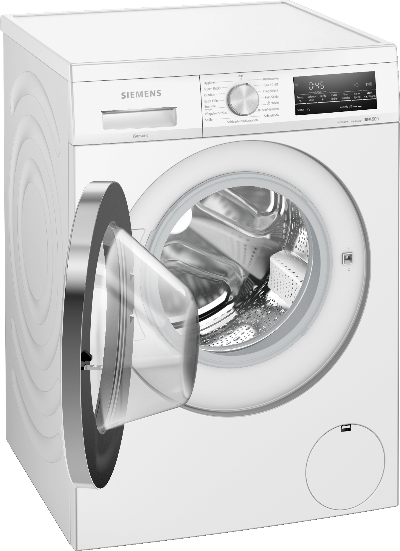 Weiße Waschmaschine mit geöffneter Tür, Innenansicht.