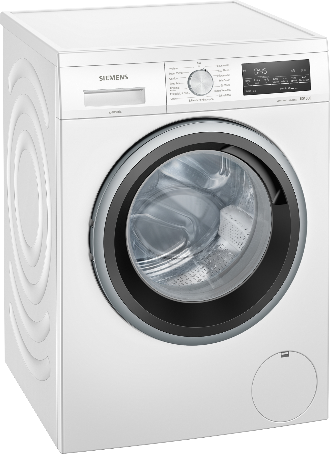 Weiße Waschmaschine mit schwarzer Tür und Bedienfeld, vor weißem Hintergrund.
