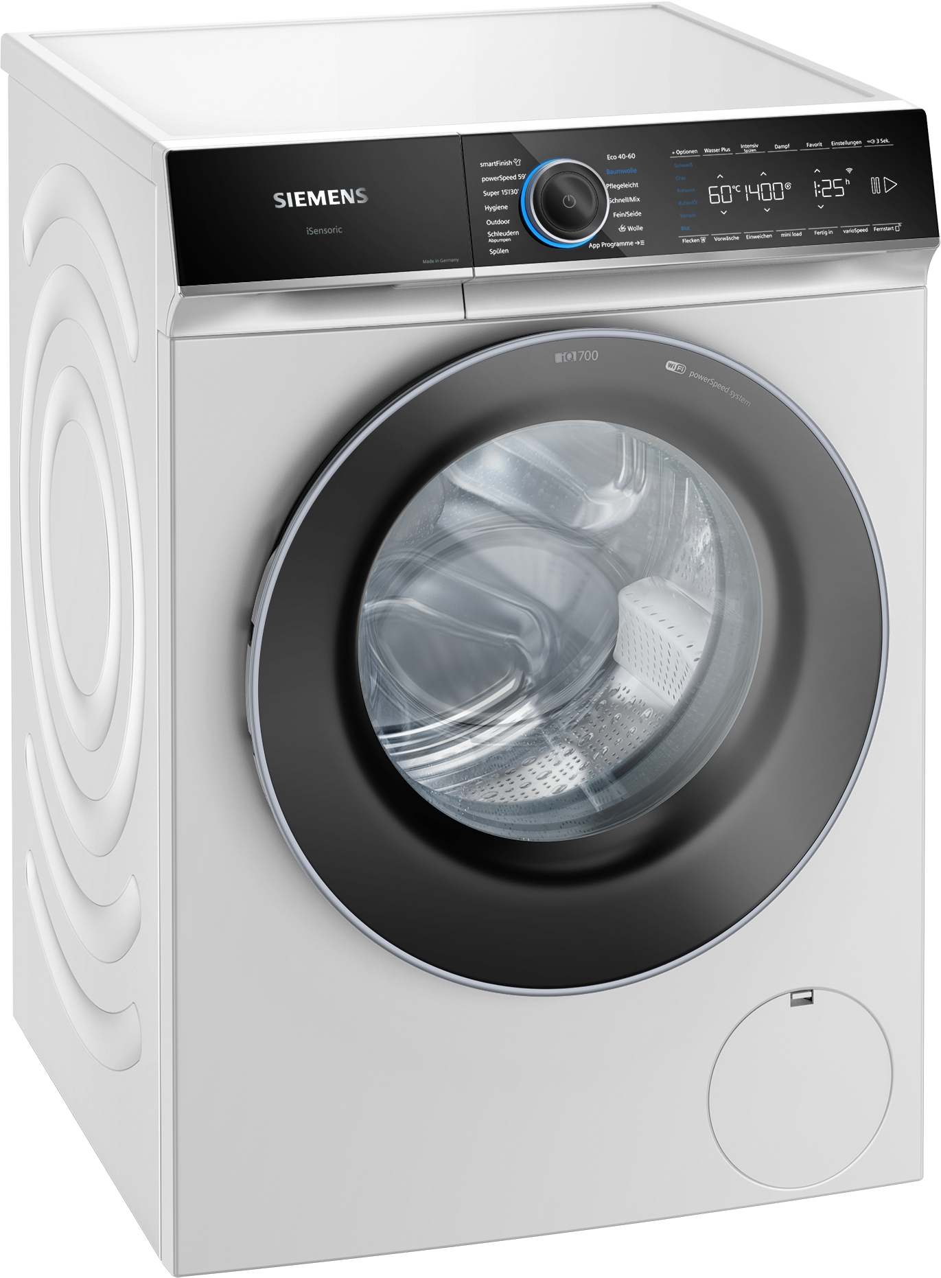 Weiße Siemens Waschmaschine. Frontansicht, geschlossene Tür und schwarzes Bedienfeld.