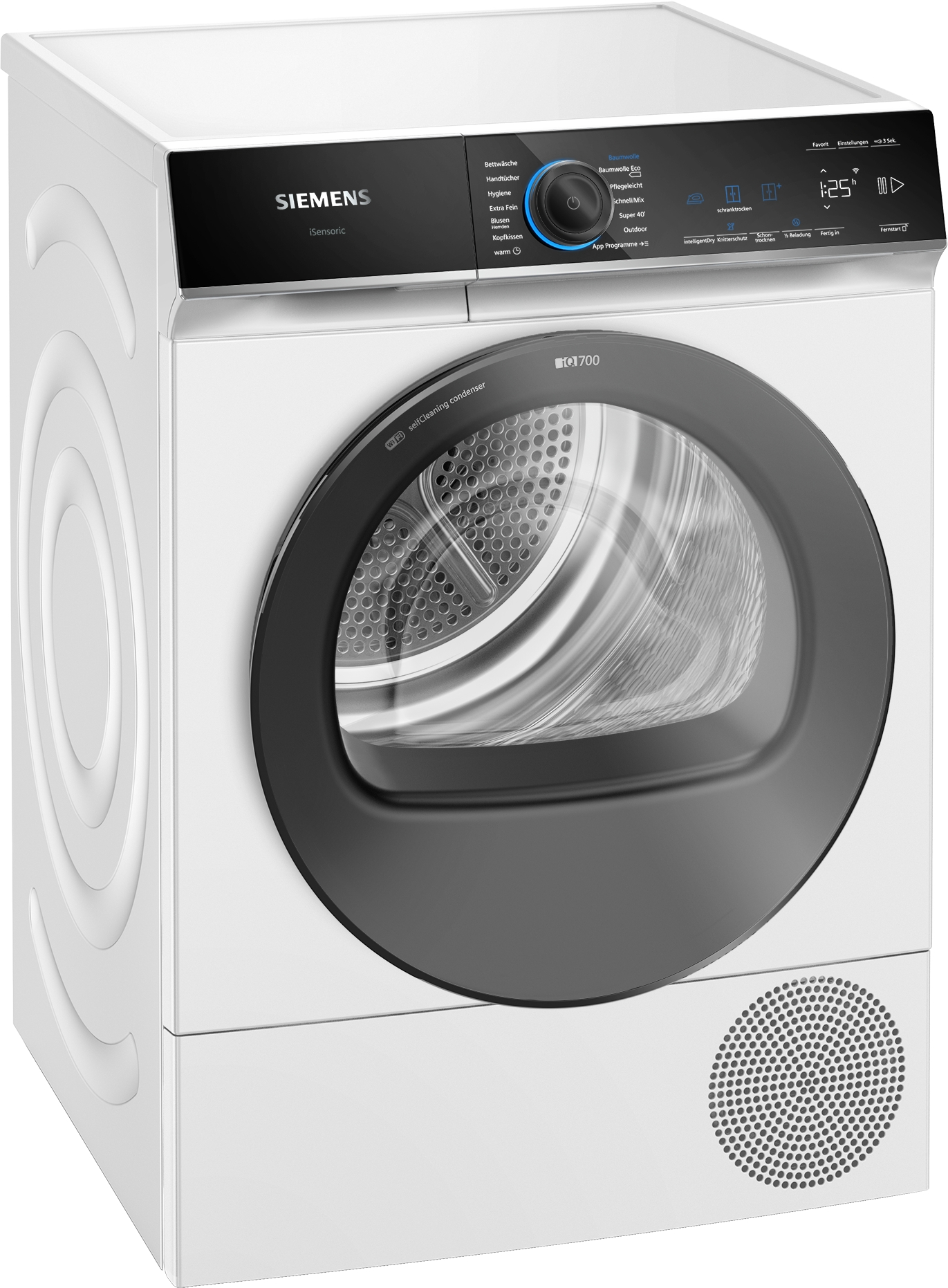 Weißer Siemens Trockner. Frontansicht, schwarzes Bedienfeld und geschlossene Tür.