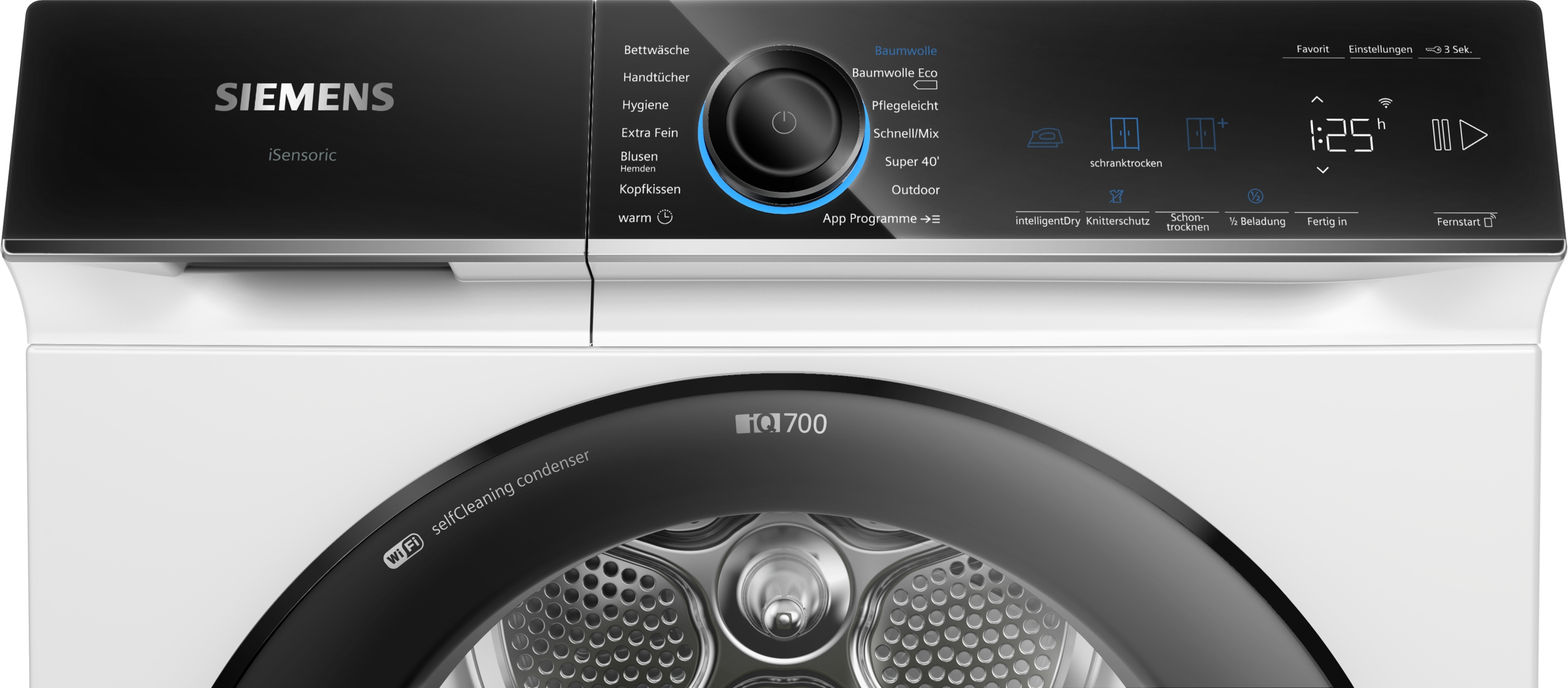 Detail des Siemens Trockner-Bedienfelds. Mit Knöpfen, einem Display und einem zentralen Drehknopf.