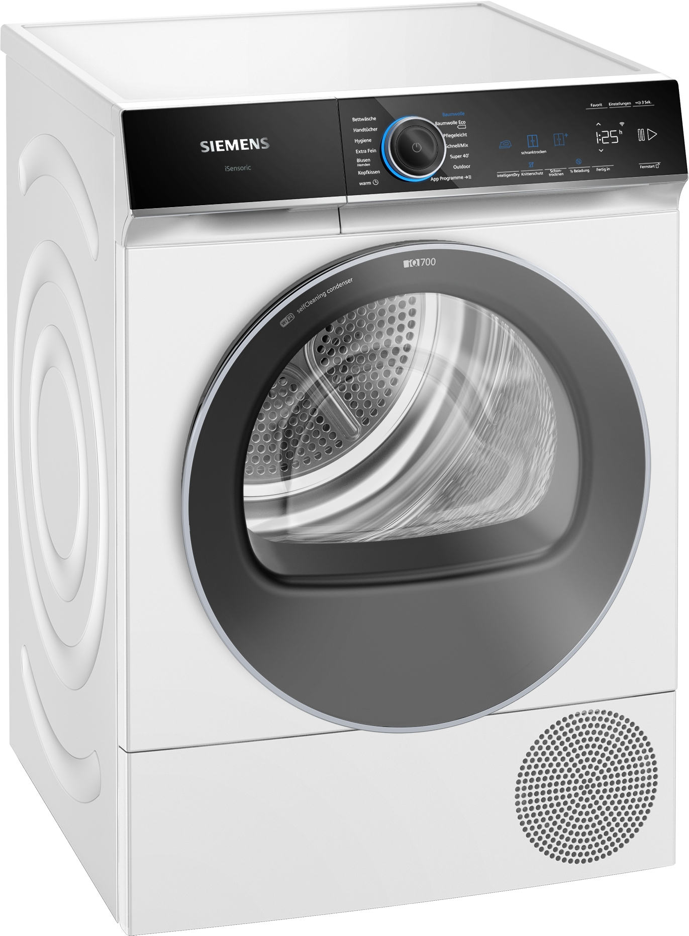 Weißer Siemens Trockner. Frontansicht, schwarzes Bedienfeld und geschlossene Tür.