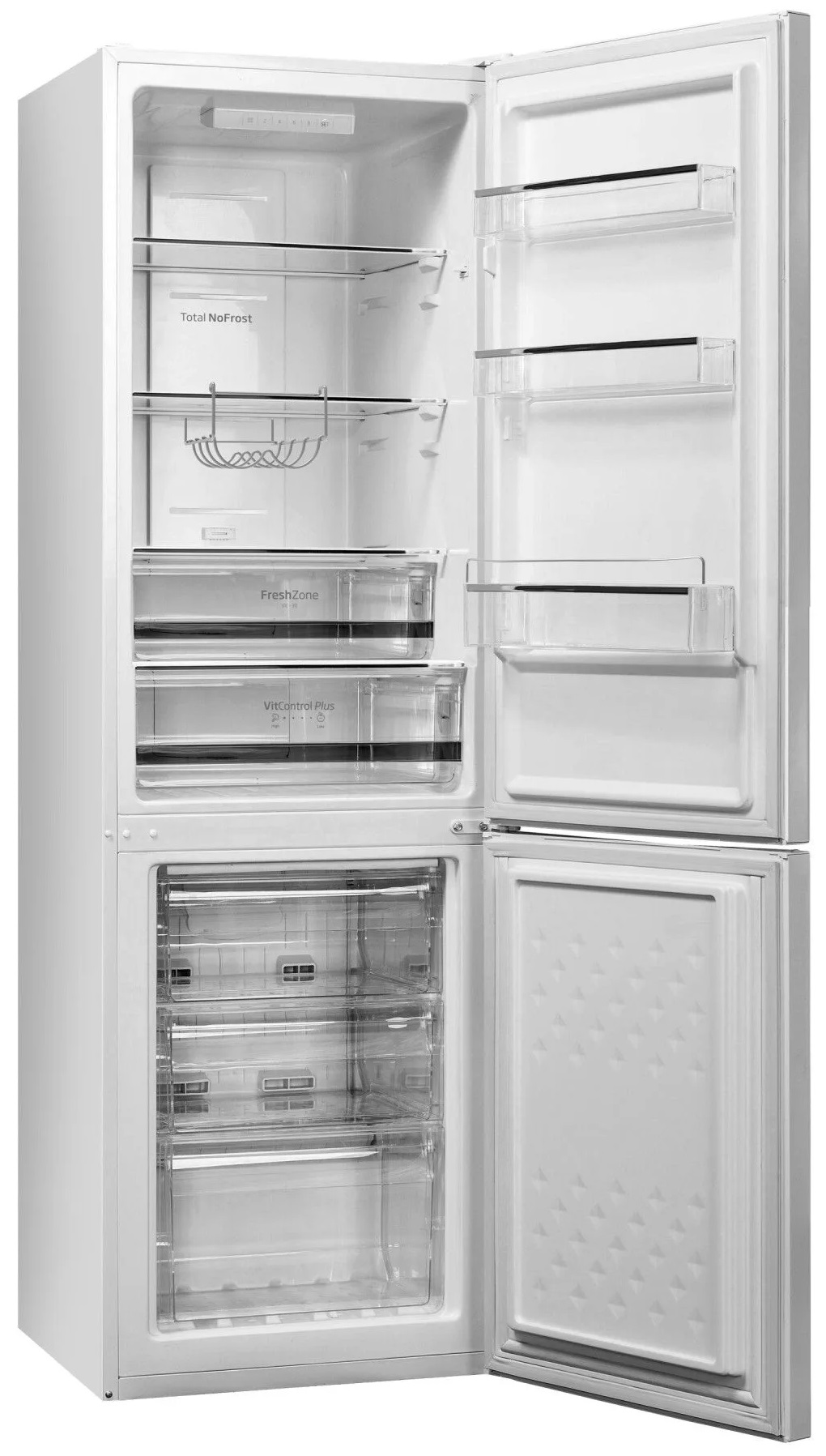 Biała lodówka, otwarta, pokazująca półki, szuflady i przegrody. Widok wewnętrzny.