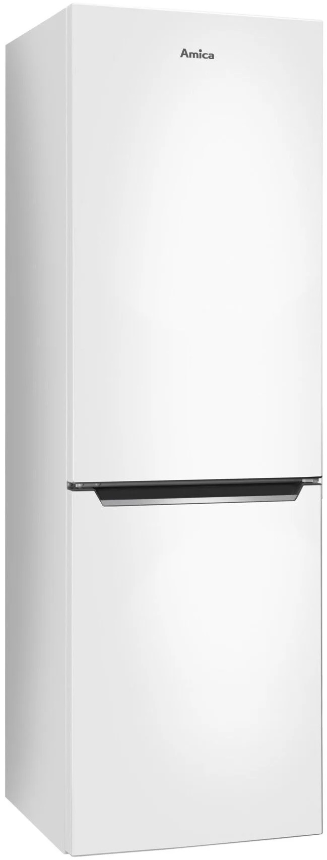 Biała lodówka Amica z pojedynczymi drzwiami i zamrażalnikiem, stojąca na białym tle.