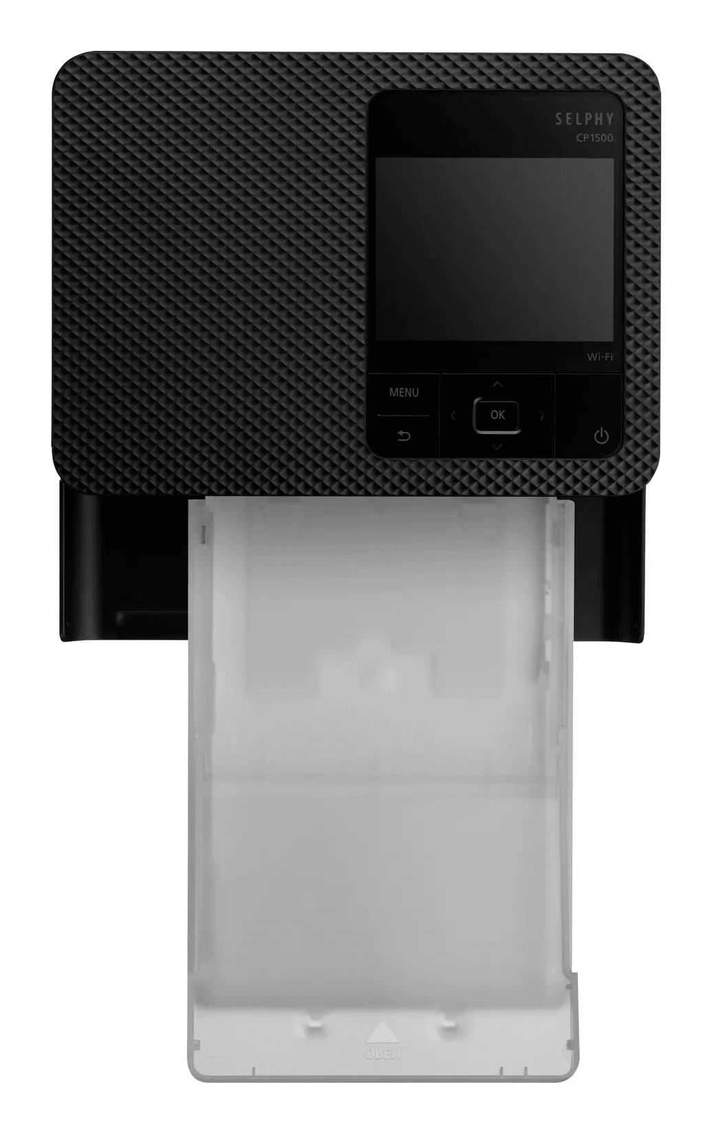 Schwarzer SELPHY CP1500 Fotodrucker mit transparentem Papierfach.