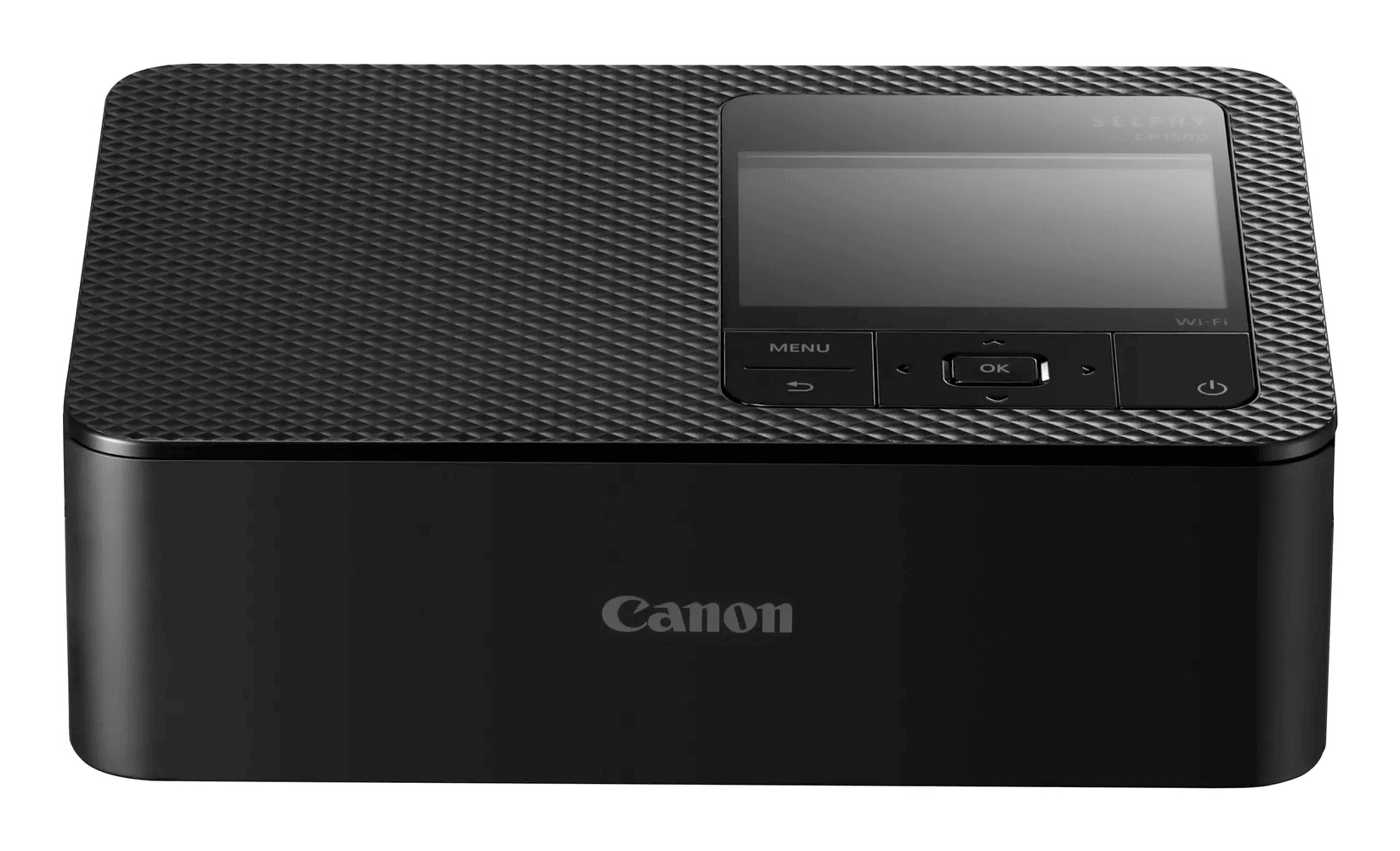 Schwarzer Canon Selphy Square QX10 Drucker mit Bedienfeld, Wi-Fi-Label und Canon-Logo.