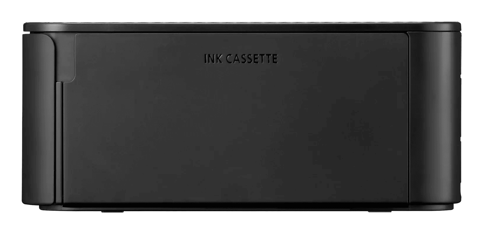 Schwarze Tintenkassette mit "INK CASSETTE". Weißer Hintergrund.