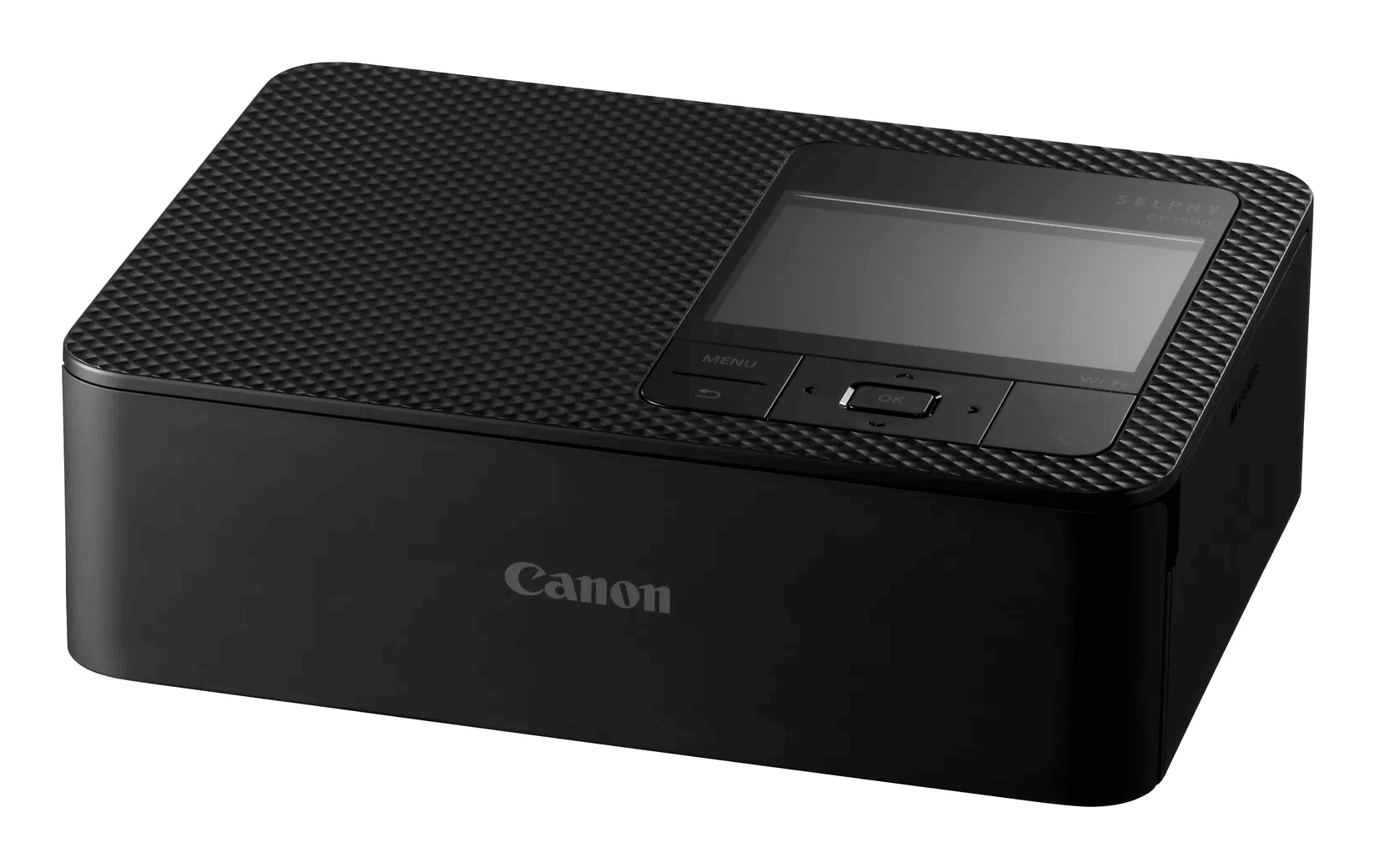 Schwarzer Canon Selphy Drucker. Oberseite mit strukturiertem Muster, Bildschirm und Tasten. Canon-Logo sichtbar.