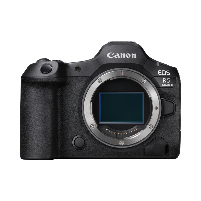 Schwarze Canon EOS R5 Mark II Kamera, Vorderansicht. Das Objektivbajonett ist sichtbar.