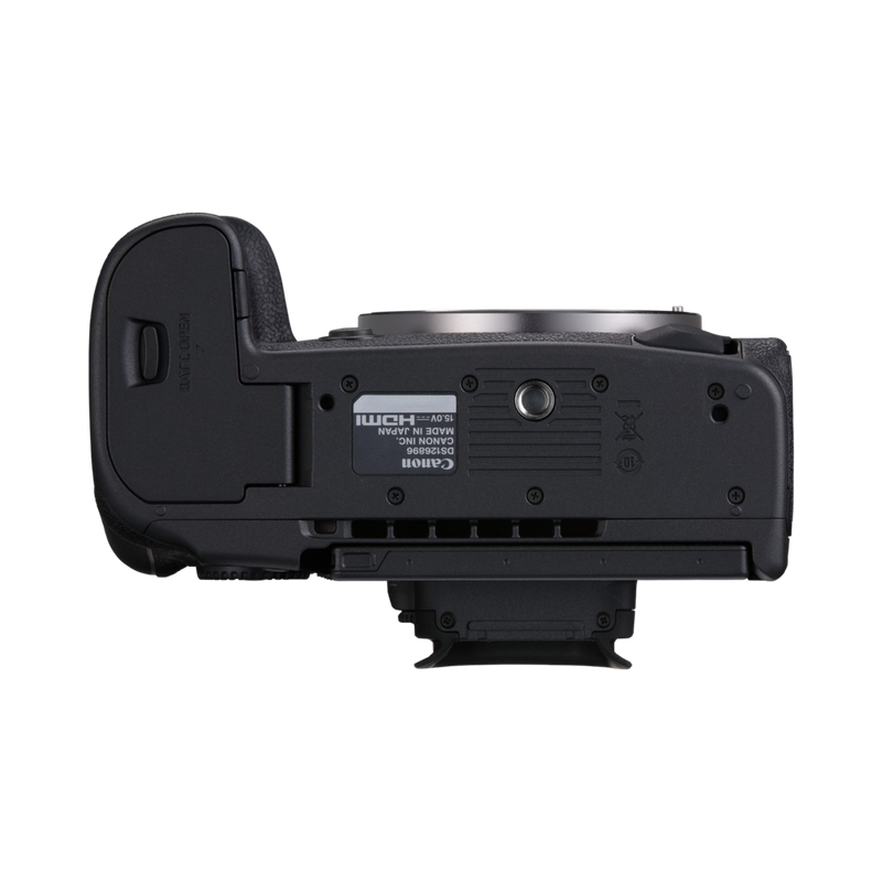 Eine Canon Kamera von unten betrachtet, mit Modellinformationen und HDMI-Anschluss.