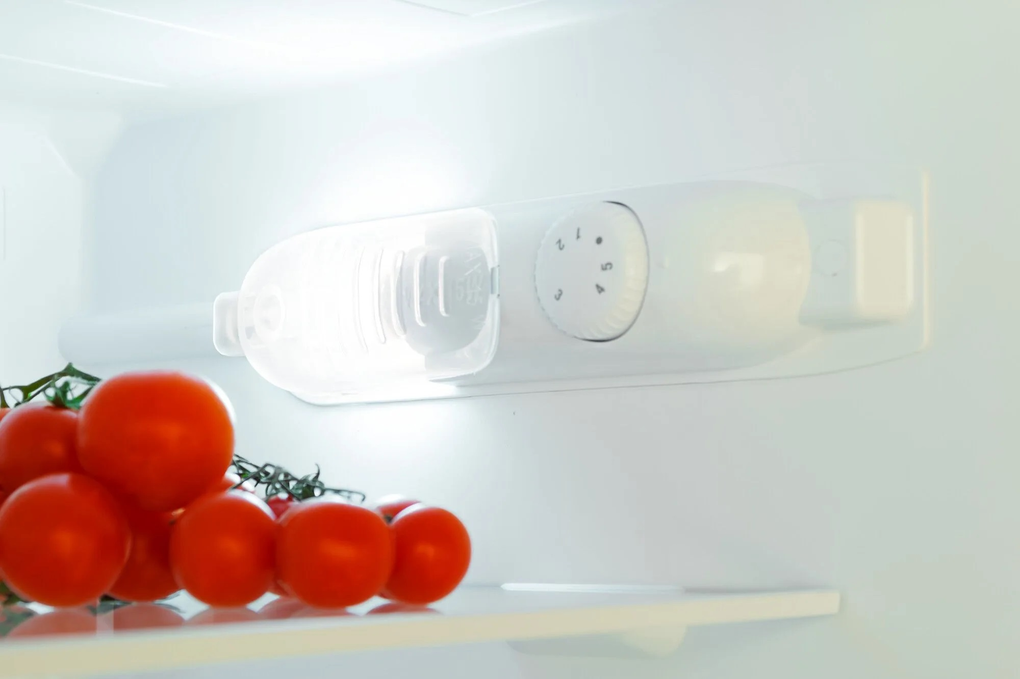 Wewnątrz lodówki, białe oświetlenie i grono czerwonych pomidorów na gałązce.