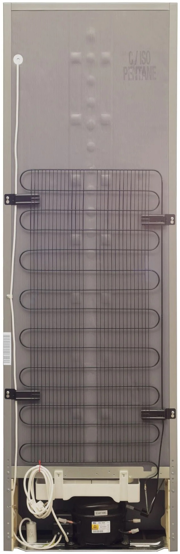 Tył lodówki z czarnym grillem i srebrnym korpusem, izolowany na biało.