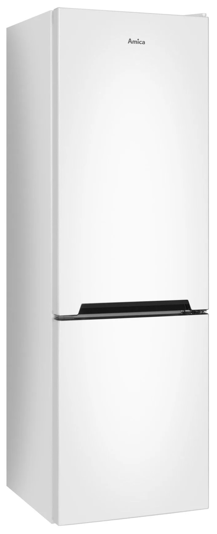 Biała lodówka Amica. Ma dwoje drzwi. Górne drzwi są wysokie. Dolne są krótsze.