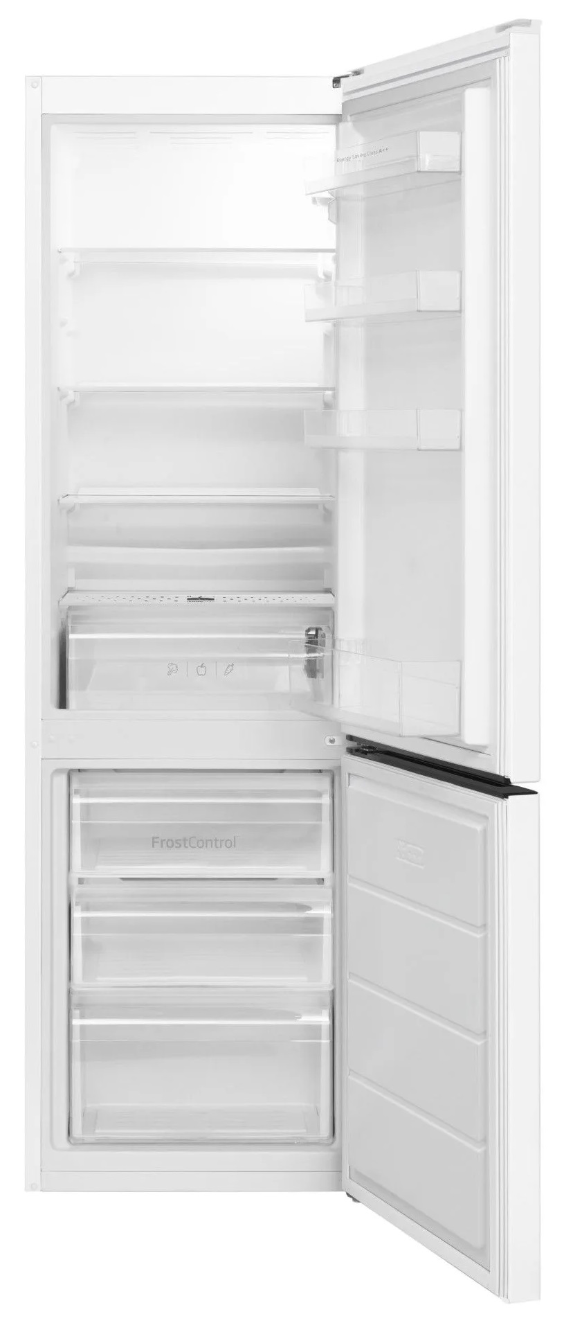 Biała lodówka. Otwarte drzwi, półki i pojemniki.