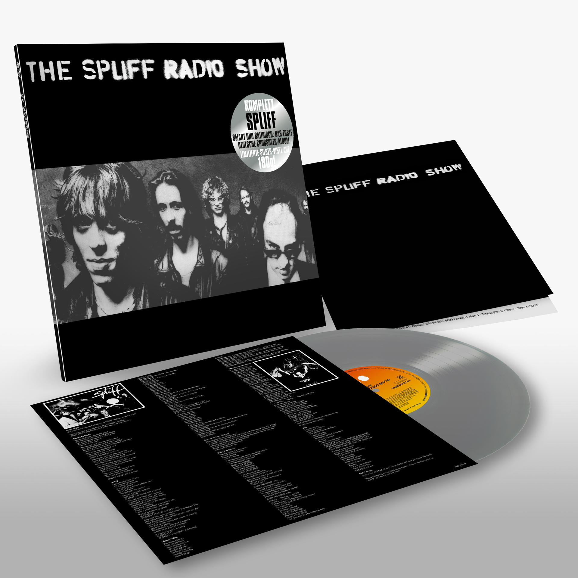 Das Spliff Radio Show Vinyl-Schallplattenalbum. Albumcover mit Bandfoto und silberner Vinyl-Schallplatte.