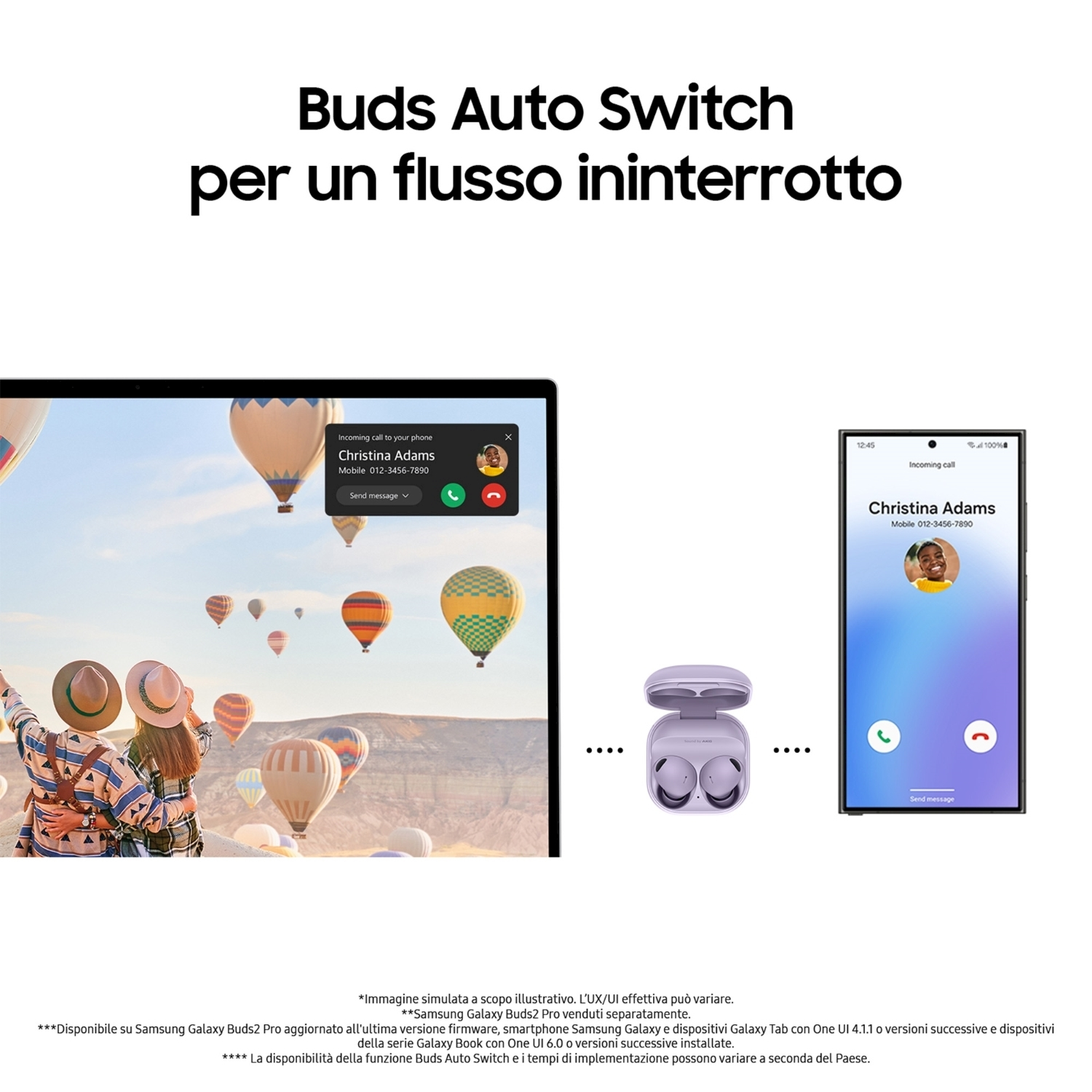 L'immagine mostra un laptop, un telefono e auricolari wireless. Il telefono mostra una chiamata.