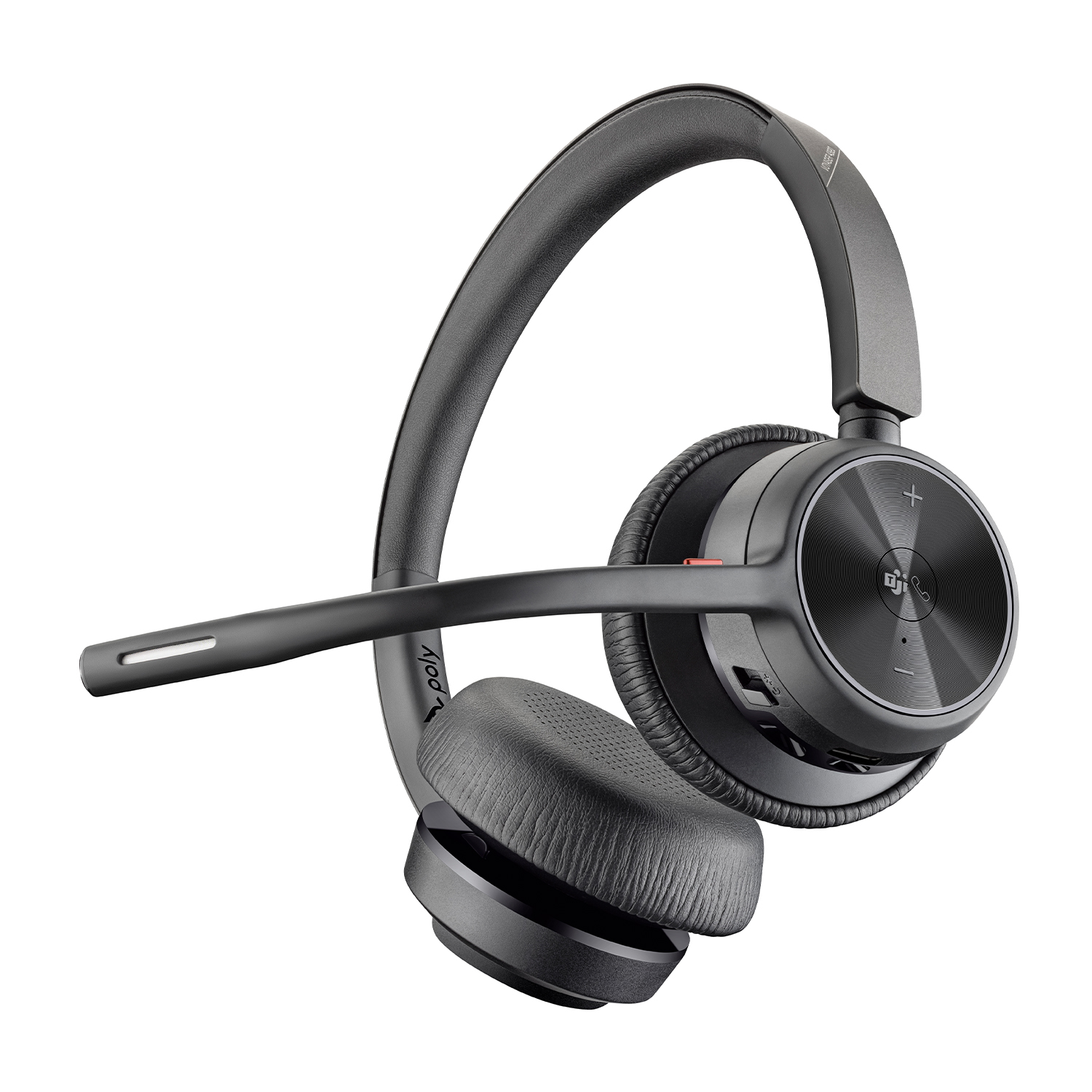 Una cuffia wireless nera e grigia con microfono. È su uno sfondo bianco.