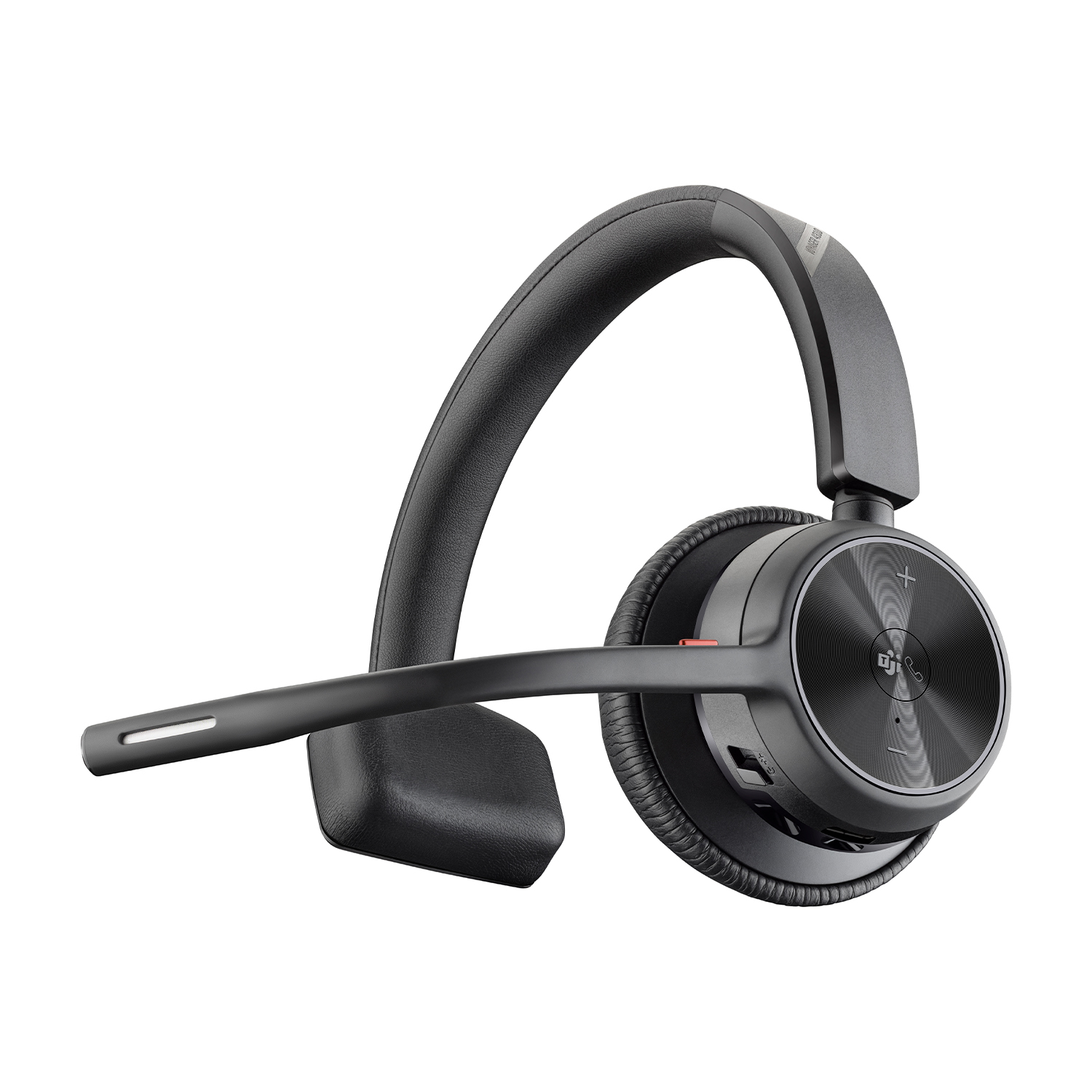 Un auricolare nero su sfondo bianco, un microfono punta in avanti.