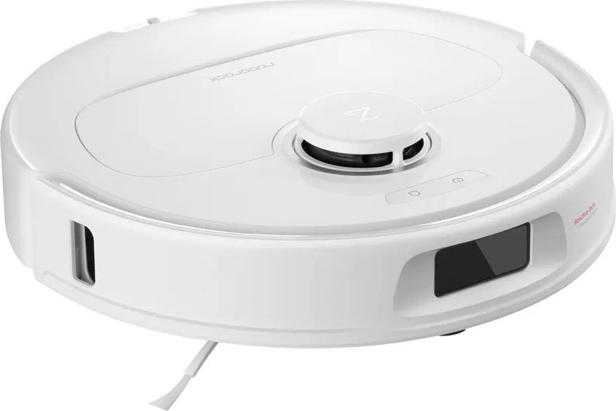 Aspirapolvere robotico bianco. Forma rotonda, con sensori. Design pulito.
