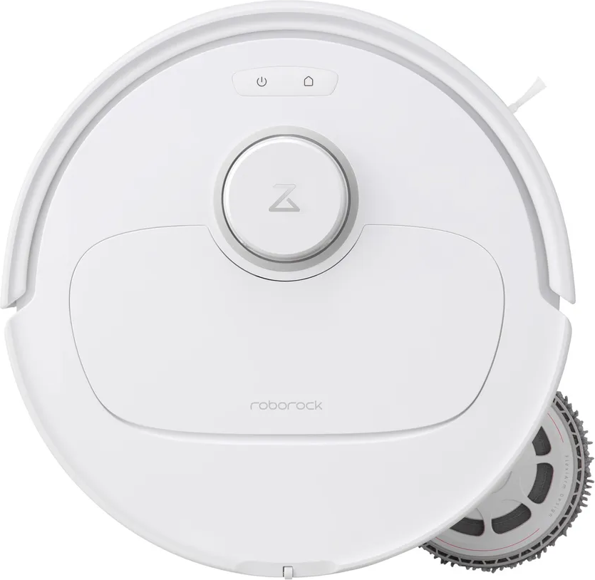 Un aspirapolvere robot Roborock bianco, con una spazzola laterale visibile.
