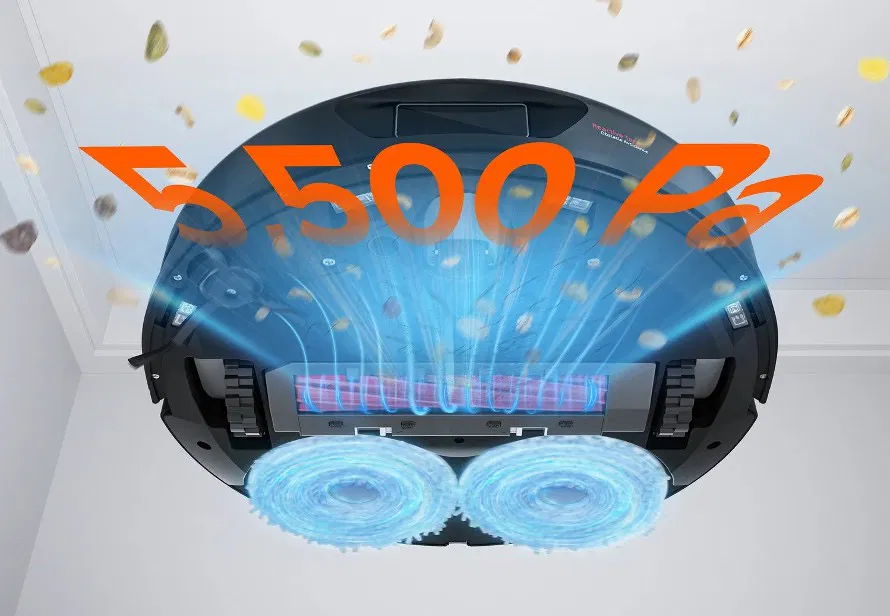 Roboter-Staubsauger mit dem Text '5500 Pa' und Staubpartikeln in der Luft.