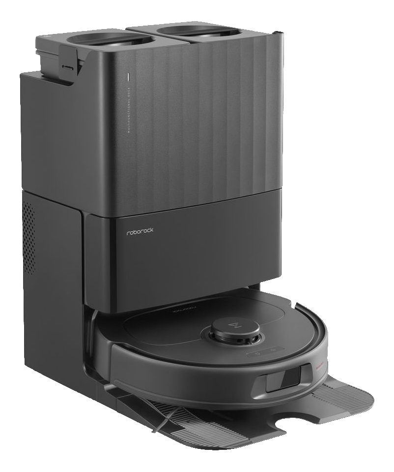 Ein schwarzer Roborock Roboter-Staubsauger und eine Ladestation. Es hat ein zylindrisches Design.
