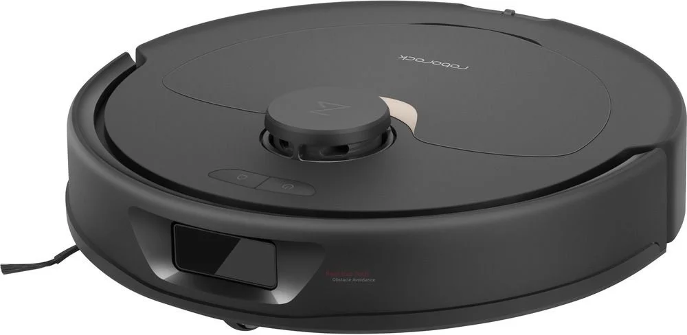 Ein dunkelgrauer Roboter-Staubsauger mit einem zentralen Knopf und einem Sensor.