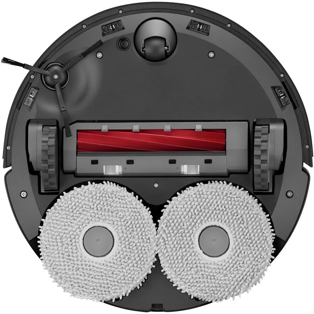 Der Boden eines schwarzen Roboter-Staubsaugers mit Bürsten und Rädern.