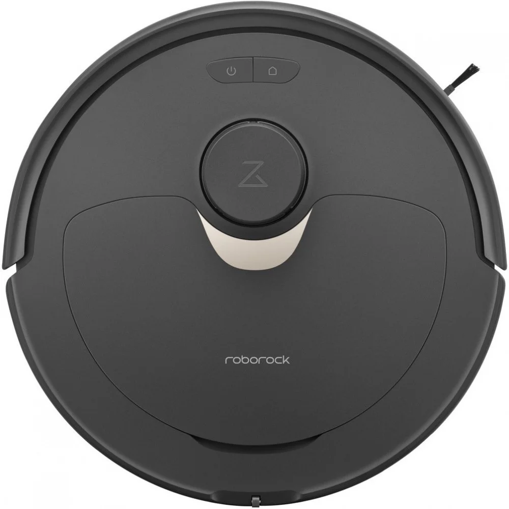 Ein dunkelgrauer Roboter-Staubsauger mit kreisförmigem Design und dem Schriftzug "roborock".