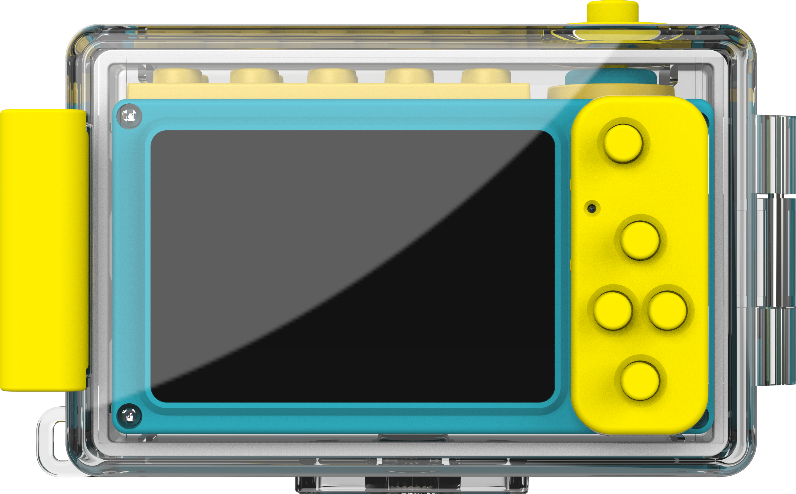 Eine blau-gelbe Spielzeugkamera in einem transparenten Gehäuse, mit Bildschirm und Knöpfen.