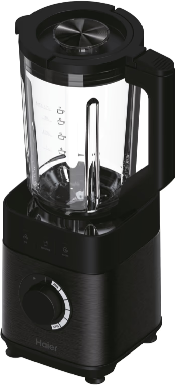 Schwarzer Mixer mit Glasbehälter, schwarzem Sockel und Drehregler.