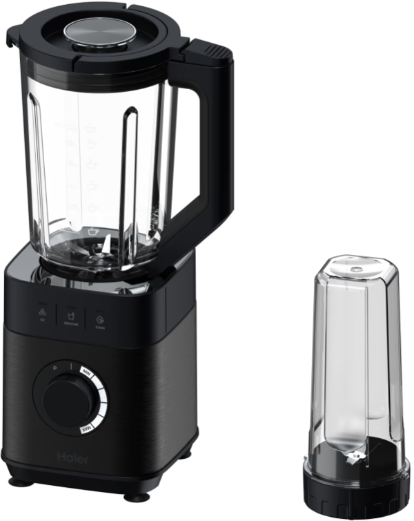 Ein schwarzer und transparenter Mixer mit einer zusätzlichen Tasse.