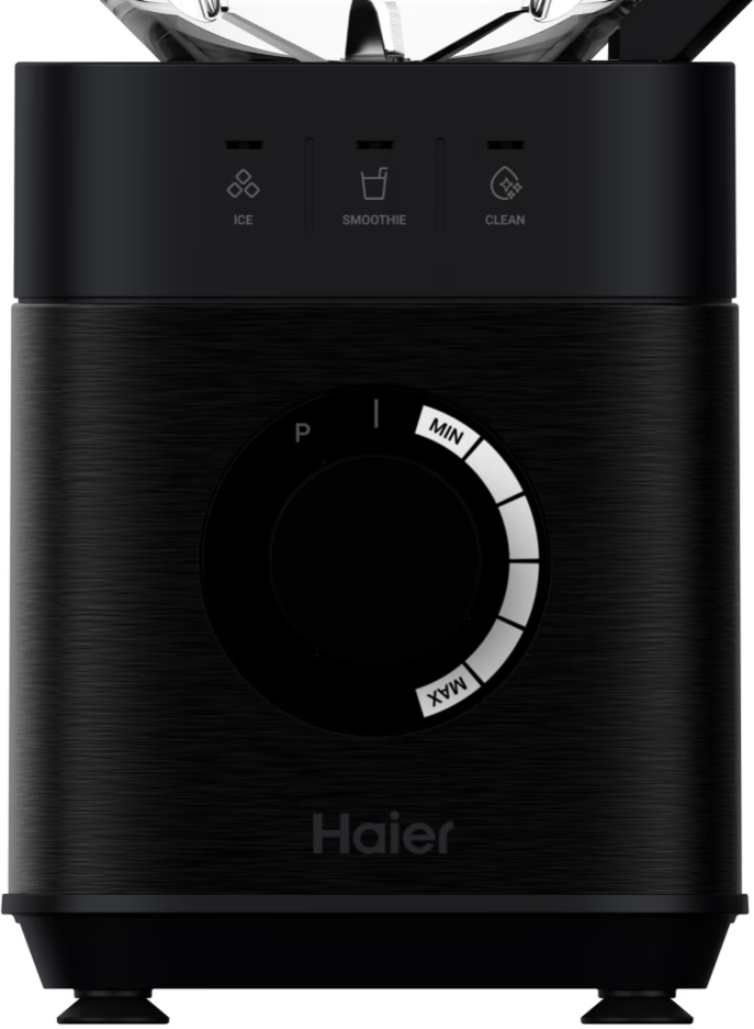 Schwarze Mixerbasis mit Drehregler, Eis-, Smoothie- und Reinigungs-Symbolen. Haier Logo.