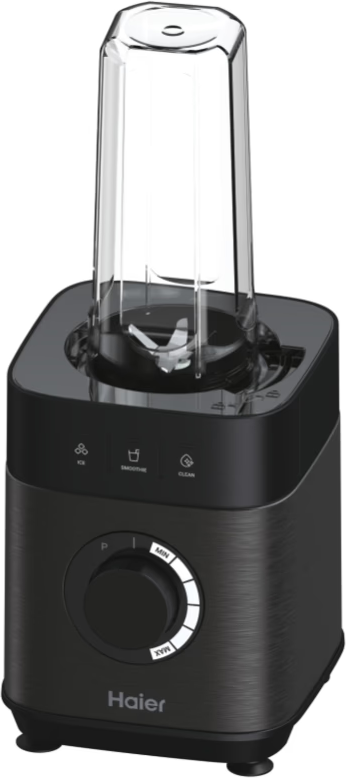 Ein schwarzer Mixer mit einem transparenten Behälter und Tasten mit der Aufschrift 'Eis', 'Smoothie' und 'Reinigen'.