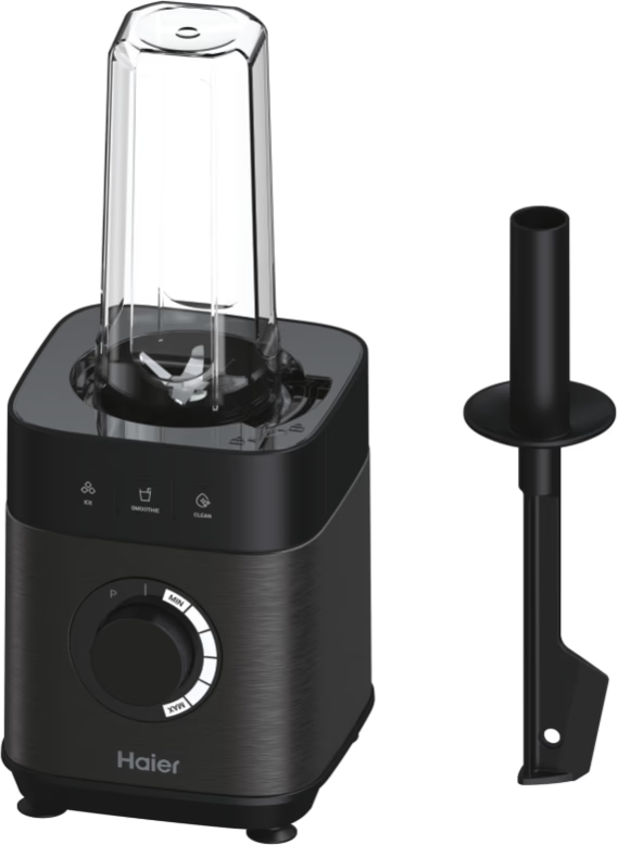 Schwarzer Mixer mit einem transparenten Behälter und einem zusätzlichen Werkzeug.