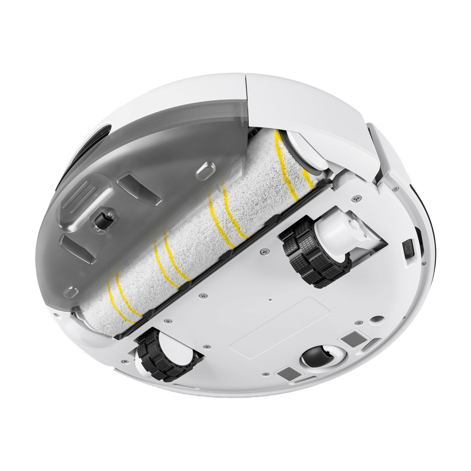 Aspirapolvere robot, vista dal basso. Bianco con dettagli gialli e ruote nere.