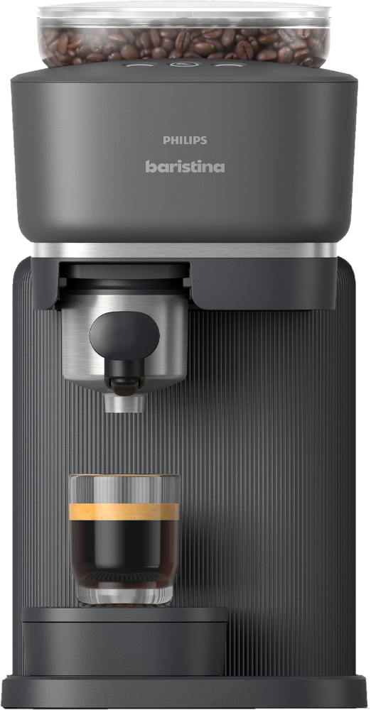 Coffee machine with coffee. Beans on top. Glass of coffee below.