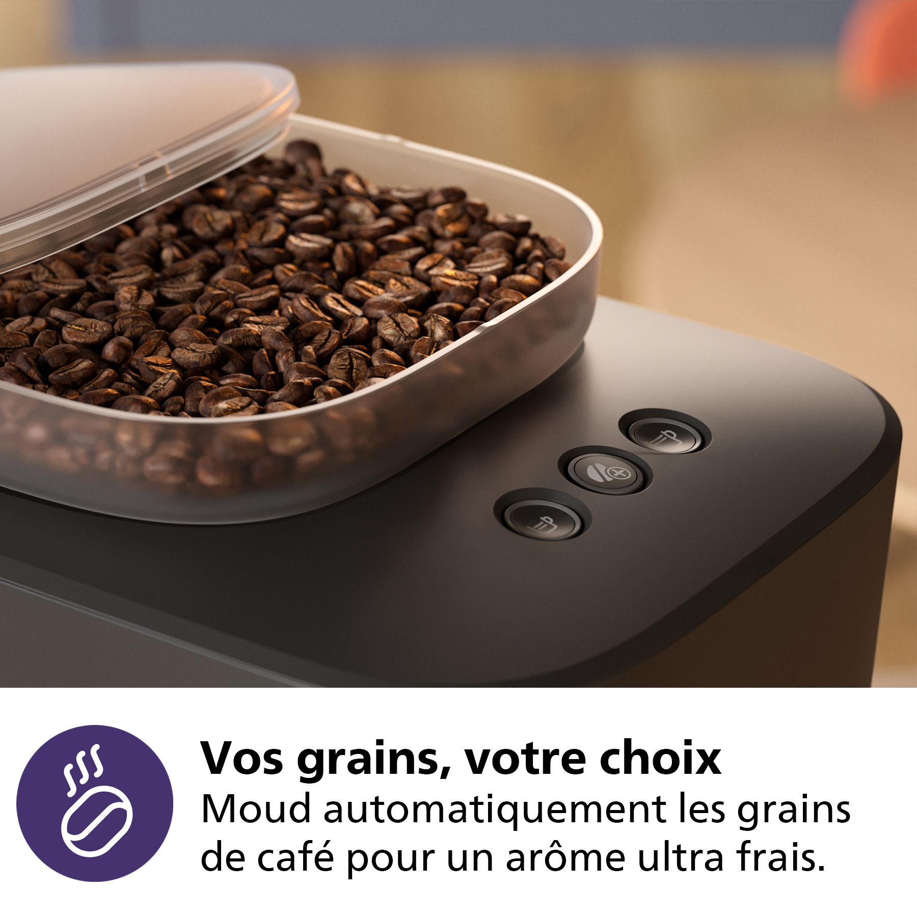 Grains de café dans un récipient sur une machine à café, trois boutons.