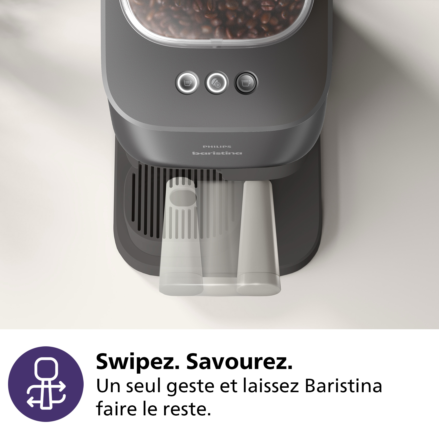 Une machine à café Philips Baristina. Elle est grise avec des tasses blanches. Texte : 'Glissez. Savourez.' Fond blanc.