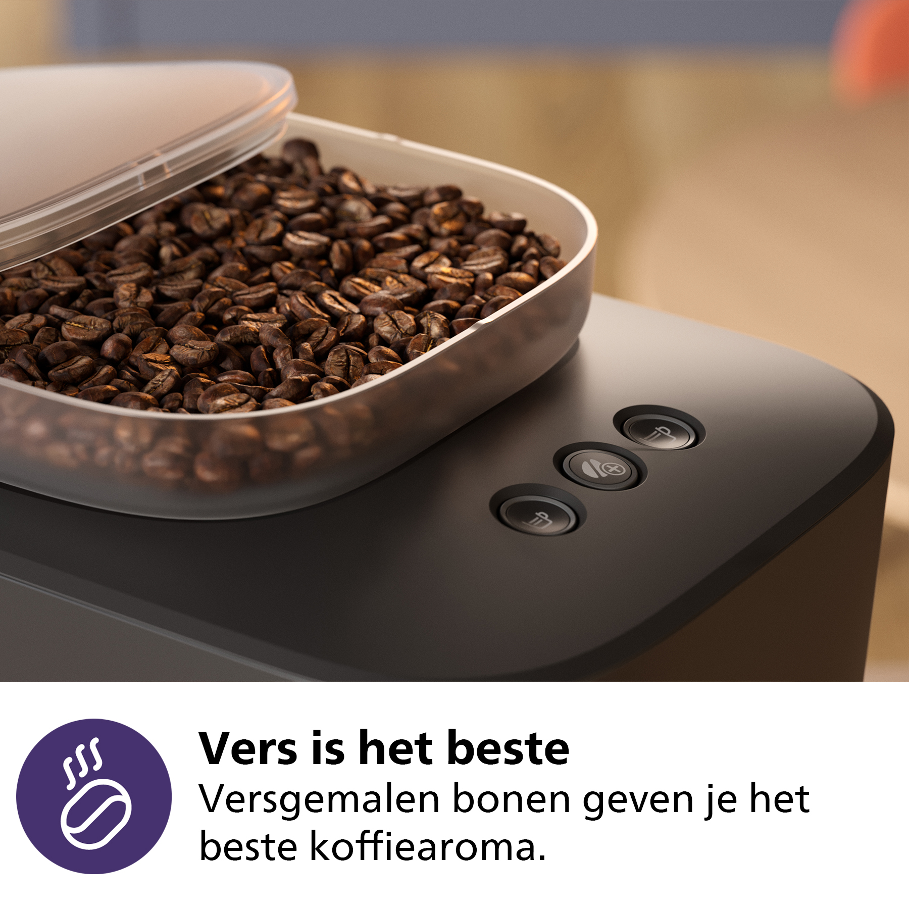 A coffee machine detail showing a coffee bean container and buttons, with text.