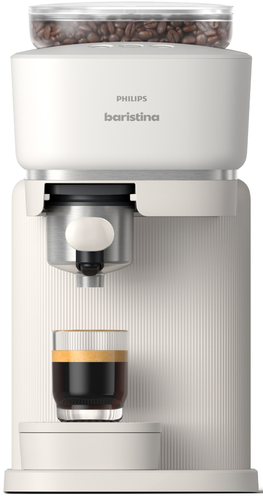 White Philips Baristina coffee machine with a glass of espresso. Beans on top, white background.