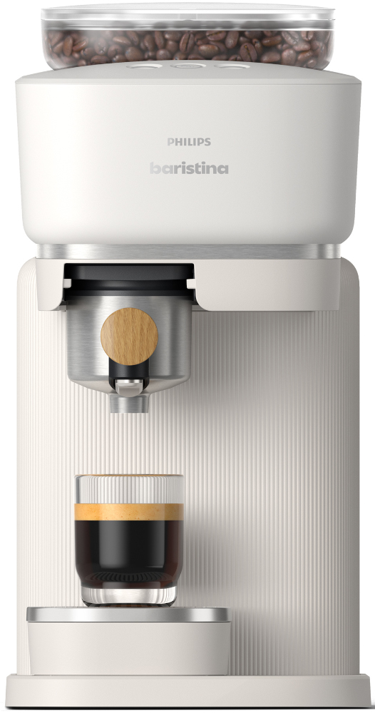 White Philips Baristina coffee machine. Features a bean hopper and a glass of espresso.