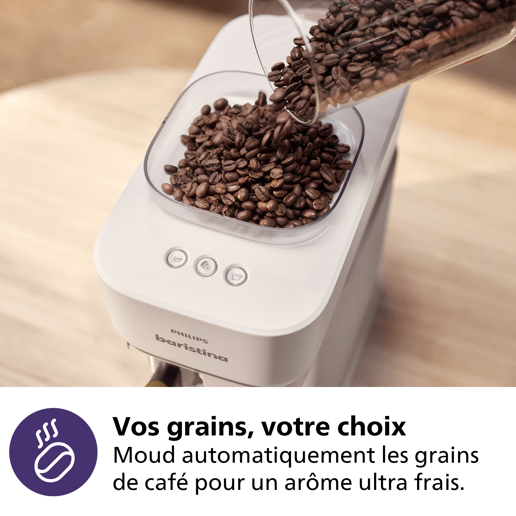 Cafetière avec grains versés. Blanc avec texte noir.