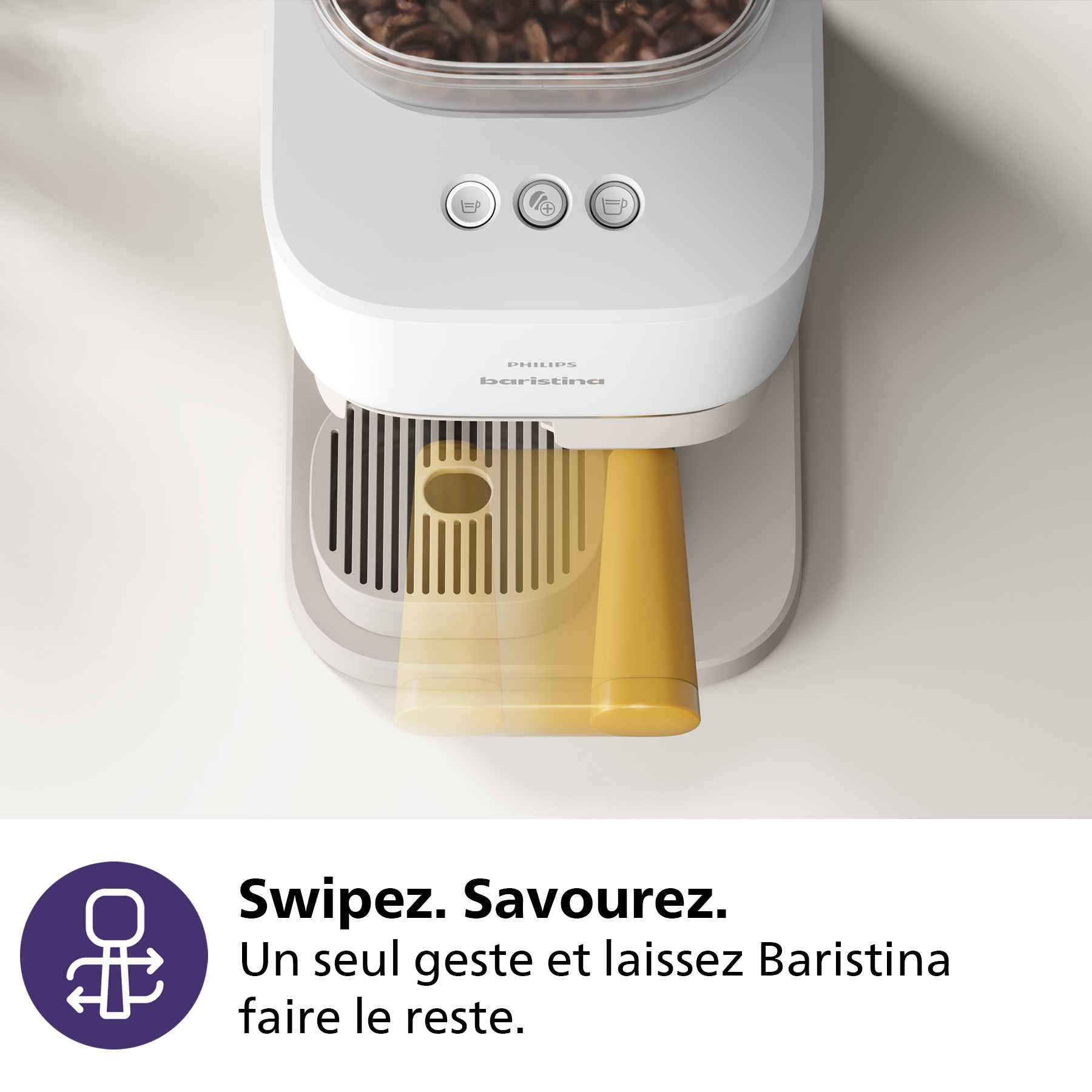 Machine à café Philips Baristina blanche avec une tasse jaune en dessous.