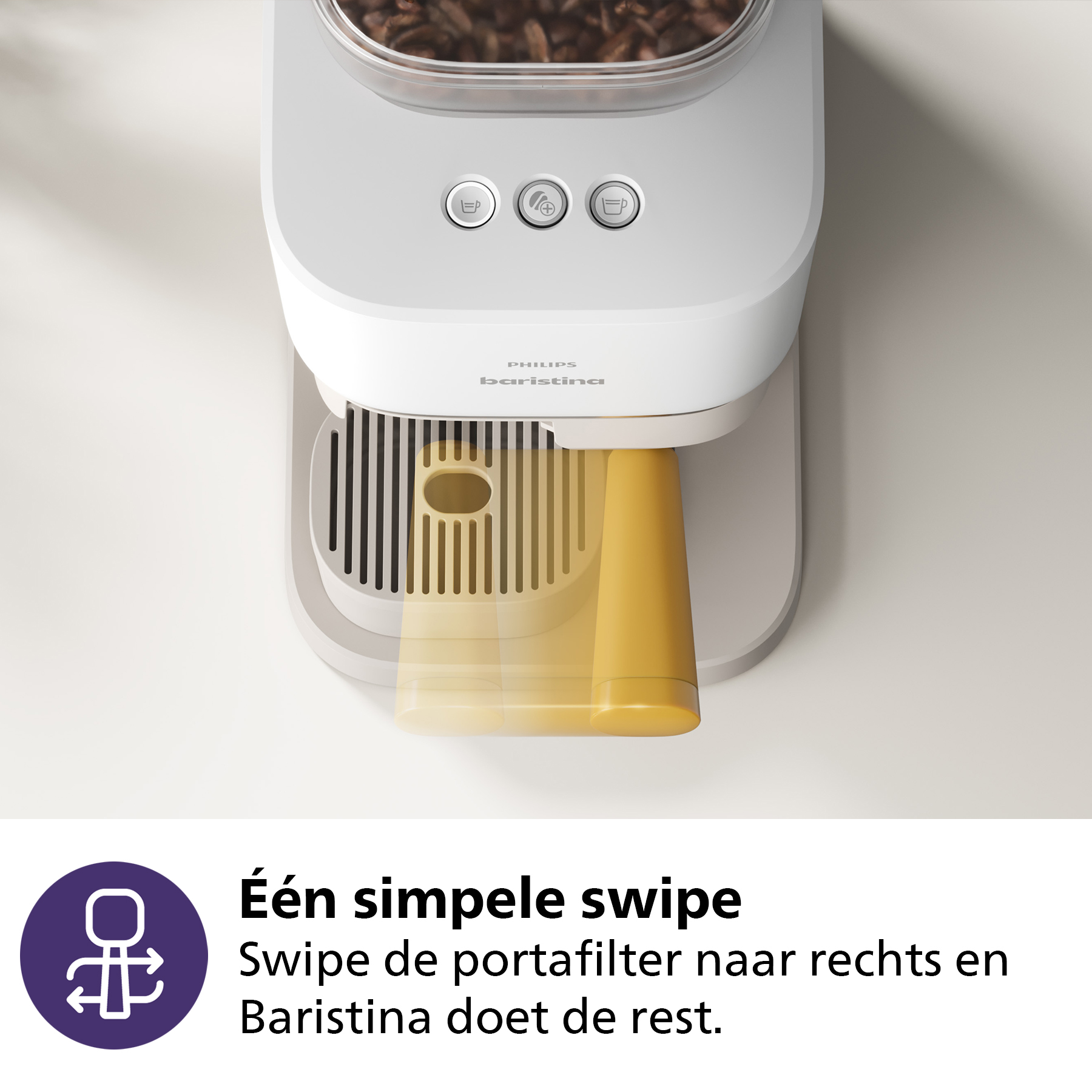 White coffee maker, top view, with coffee beans, yellow spout, and Dutch text, white background.