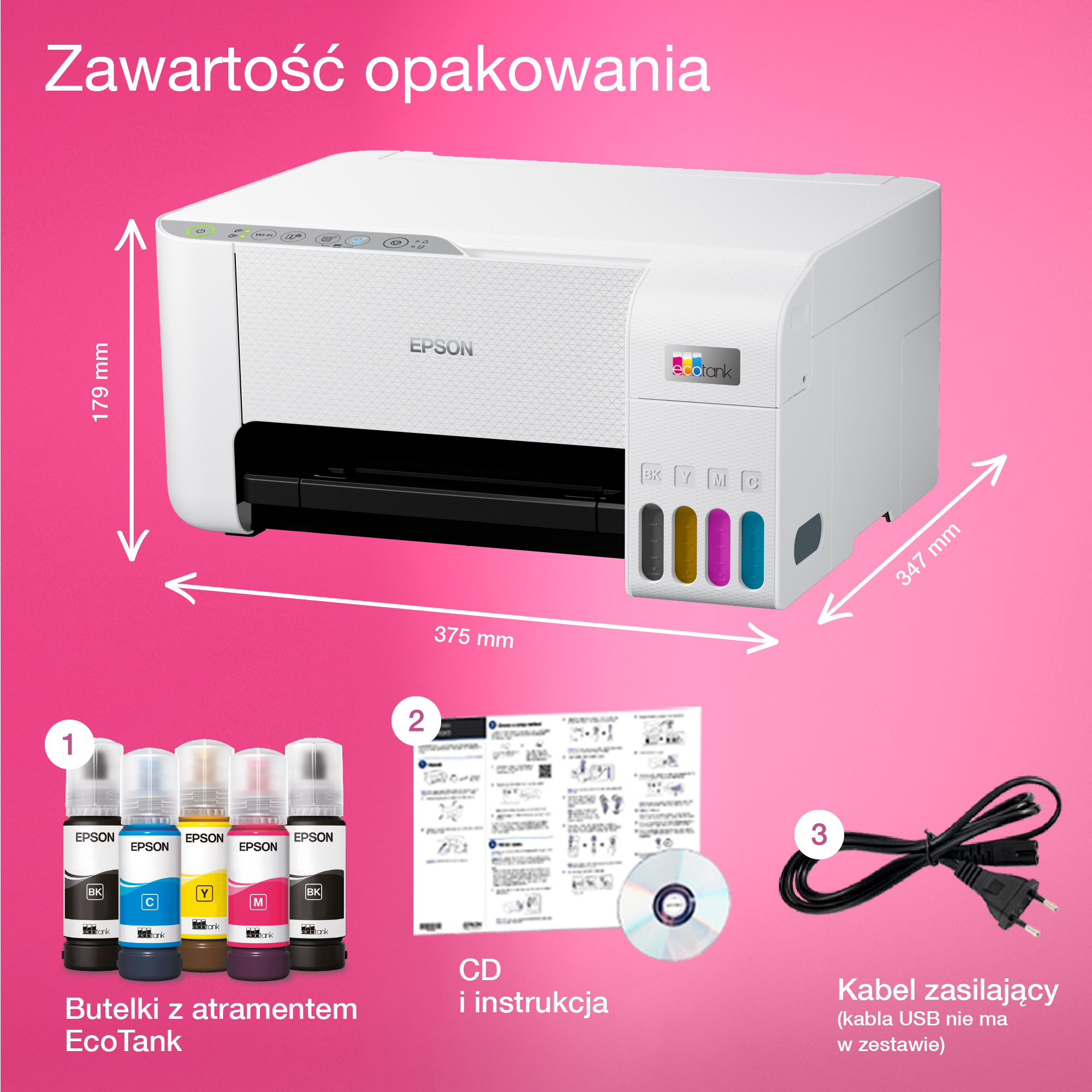 Drukarka Epson i butelki z tuszem. Wymiary i elementy opisane. Biała drukarka z kolorowym tuszem.