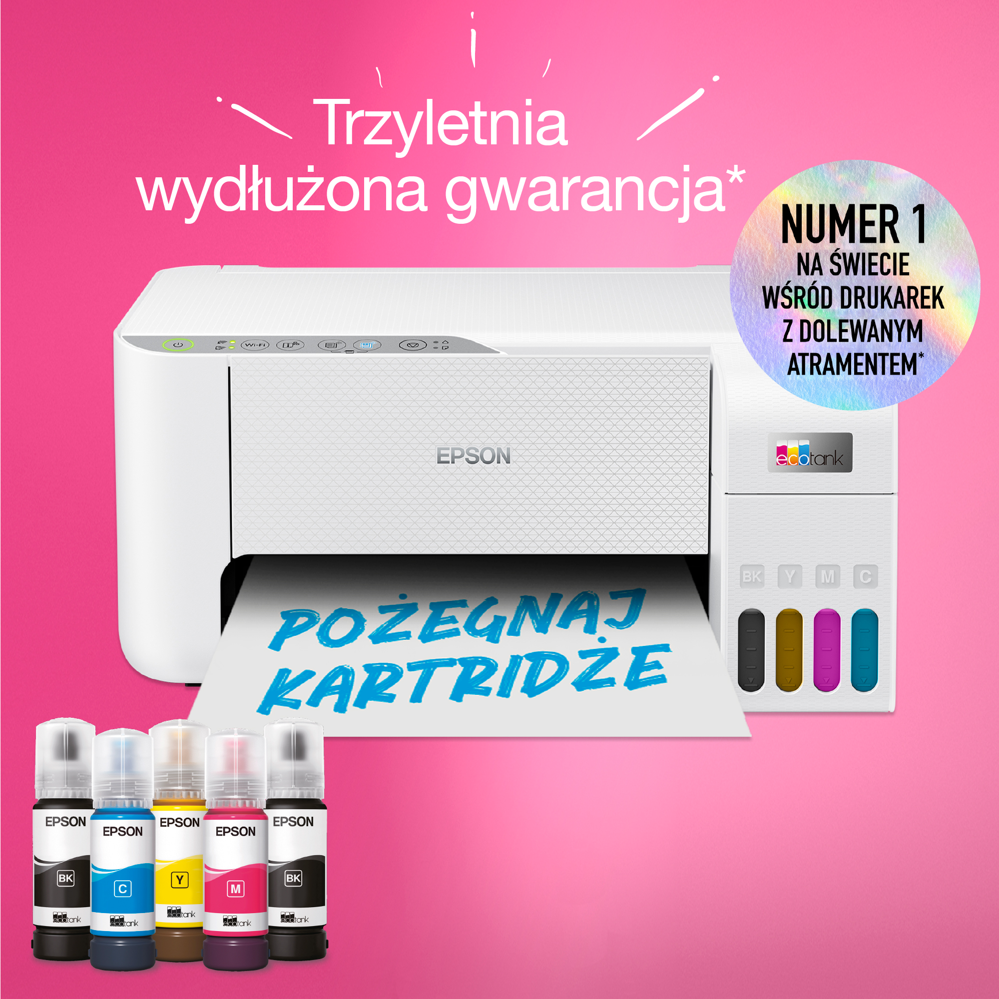Biała drukarka Epson z butelkami z tuszem i tekstem „Pożegnaj kartridże”.