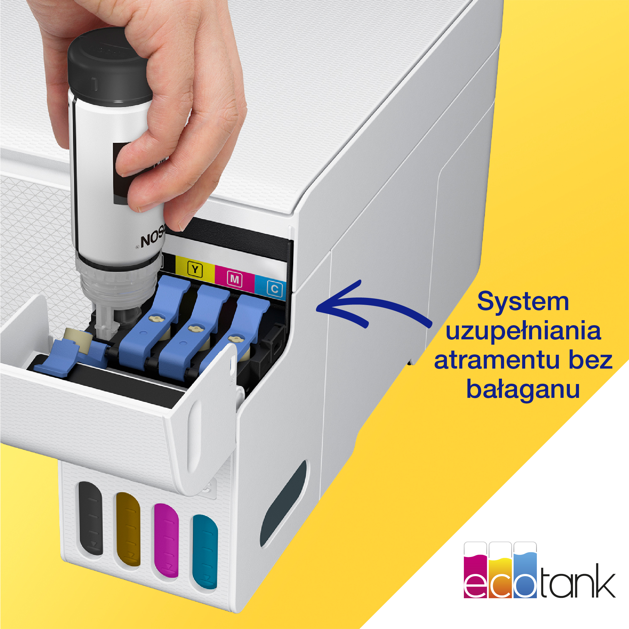 Ręka wkładająca butelkę z tuszem do drukarki, pokazująca system zbiornika z tuszem.